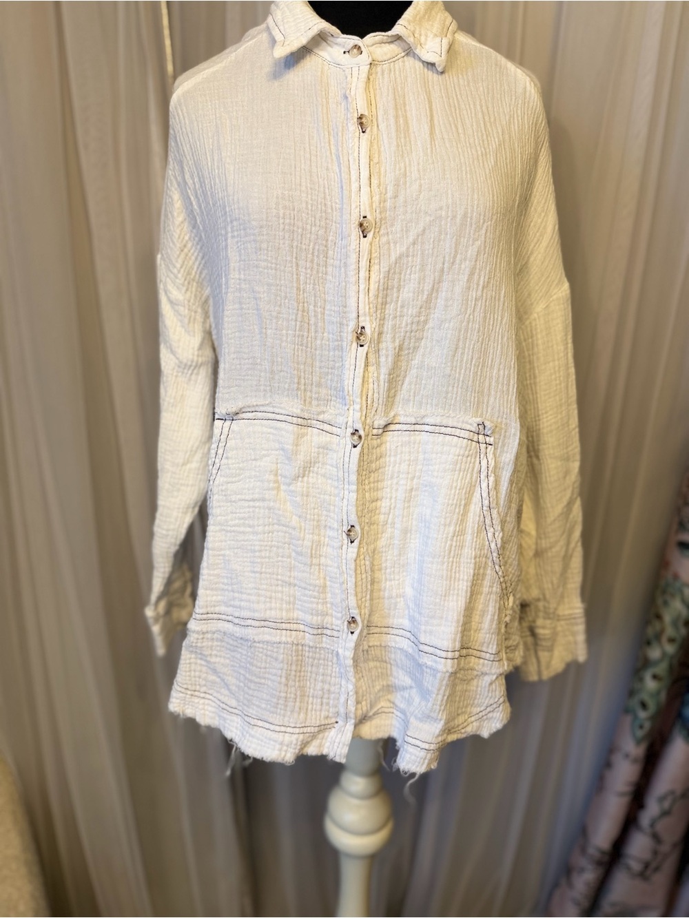 Miss Love White Gauze Button Down Shirt Top Boho Size L EUC